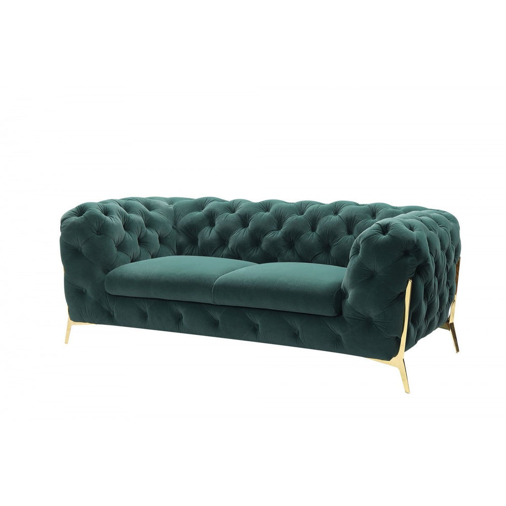 74" Emerald Green And Gold Velvet Loveseat Image 2