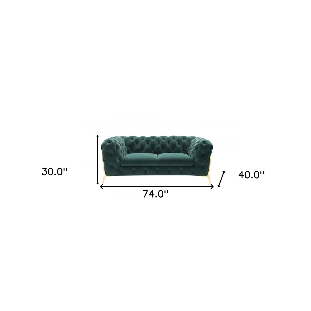 74" Emerald Green And Gold Velvet Loveseat Image 7