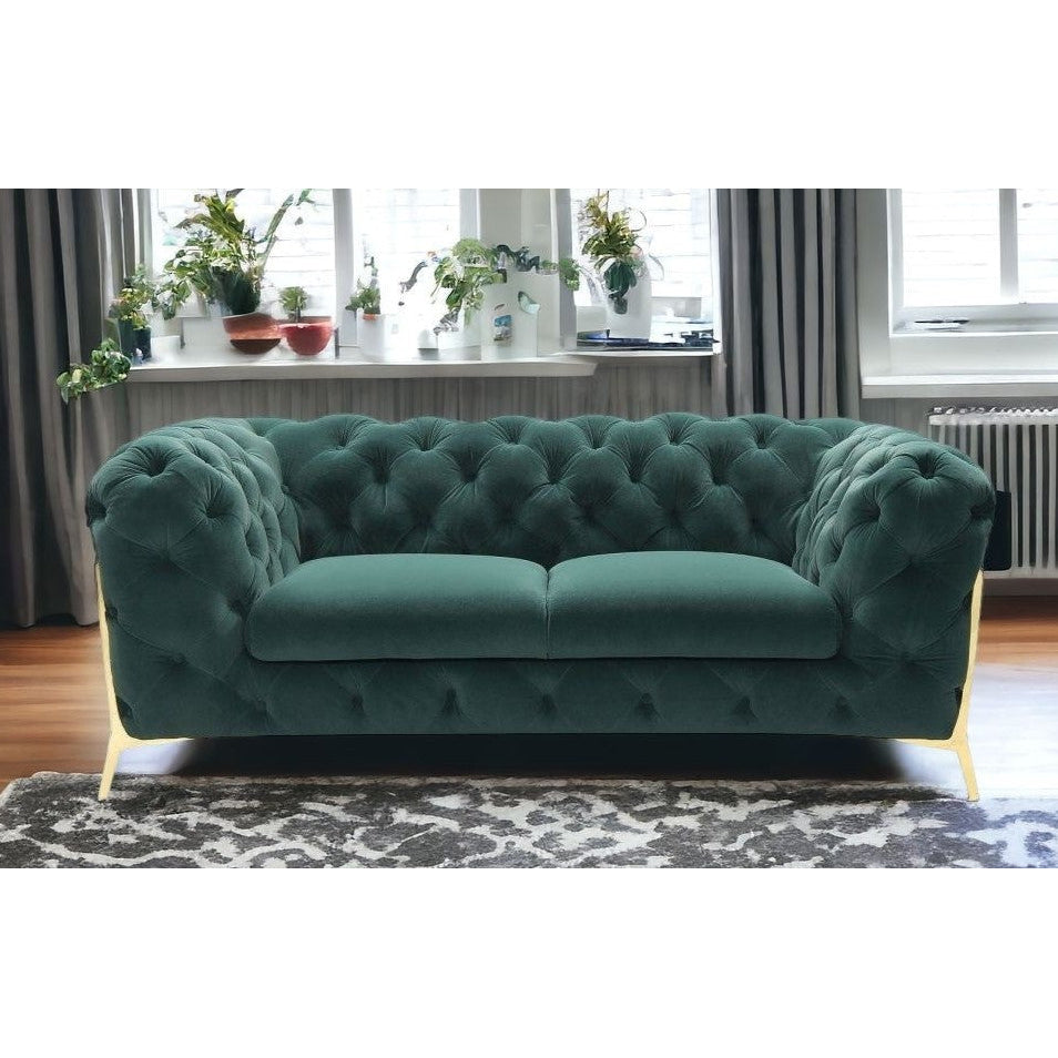 74" Emerald Green And Gold Velvet Loveseat Image 8