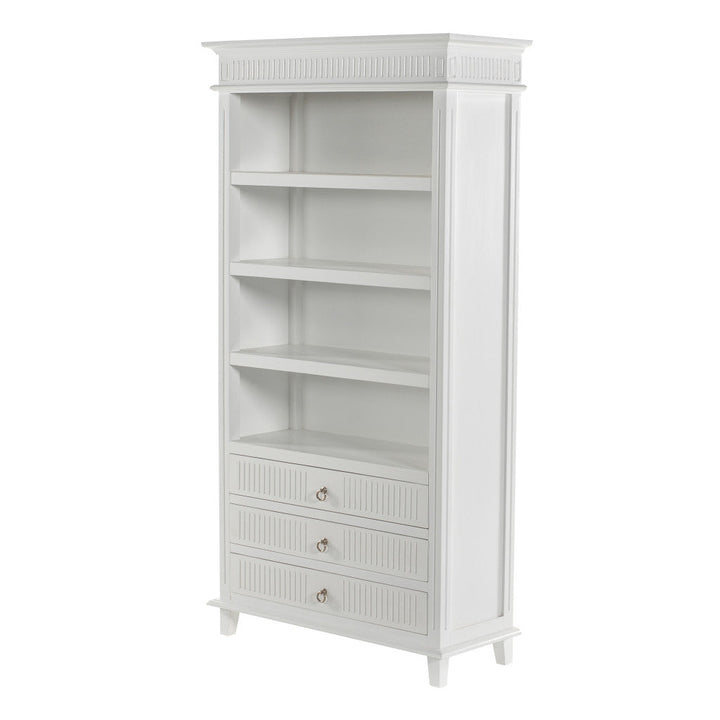 75" Antiqued White Solid Wood Four Tier Bookcase with Three Drawers Image 3