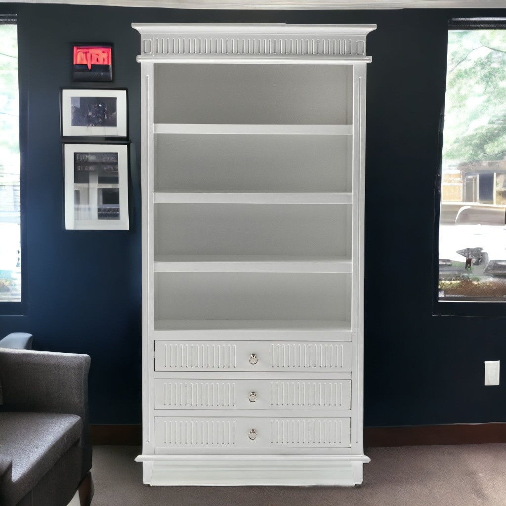 75" Antiqued White Solid Wood Four Tier Bookcase with Three Drawers Image 5