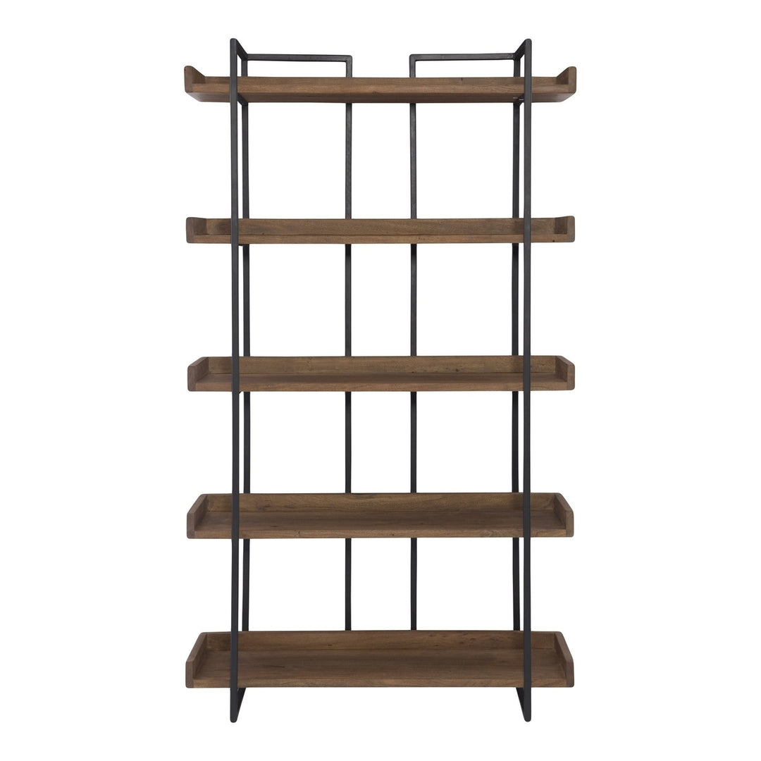 75" Brown and Black Metal and Wood Five Tier Bookcase Image 1