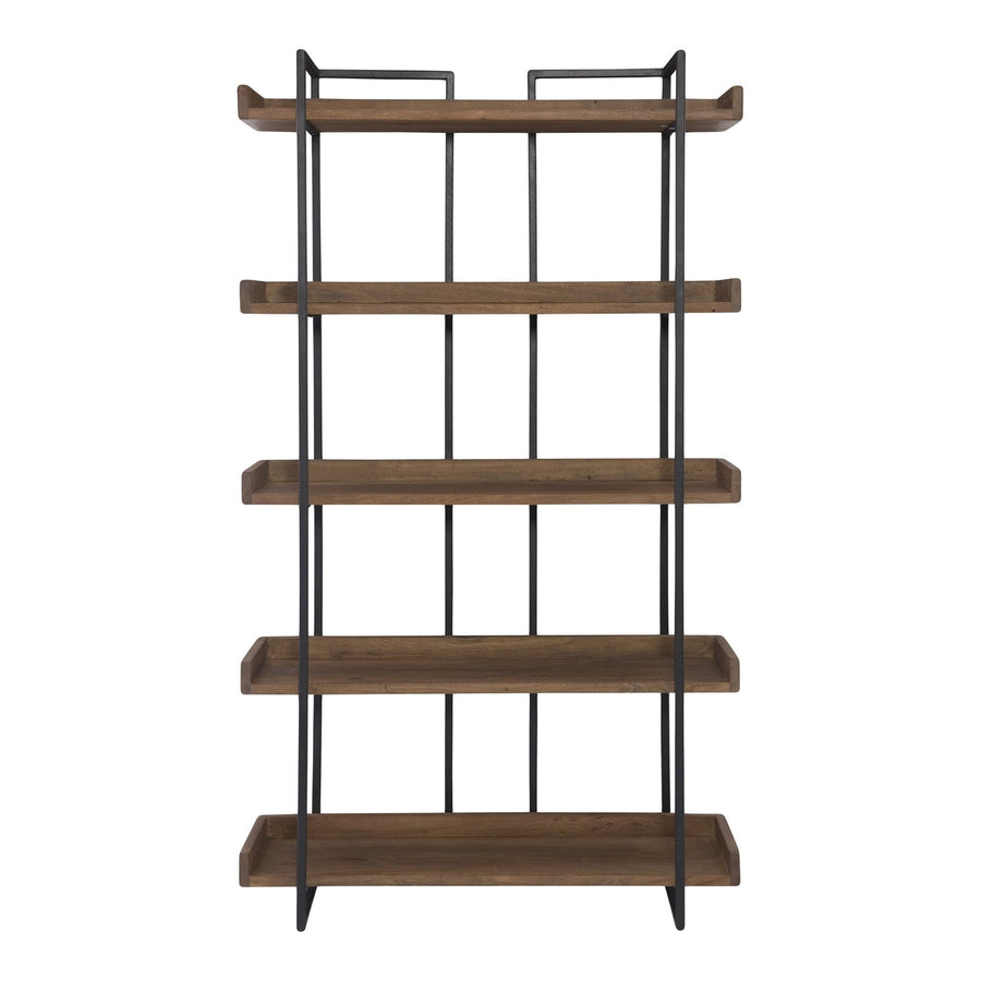 75" Brown and Black Metal and Wood Five Tier Bookcase Image 1