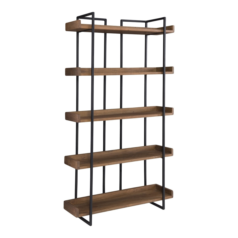 75" Brown and Black Metal and Wood Five Tier Bookcase Image 2