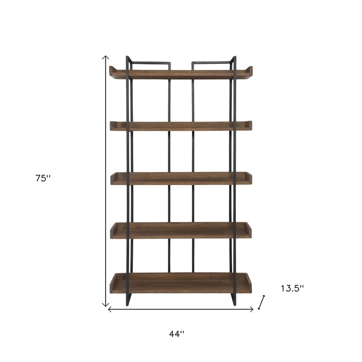 75" Brown and Black Metal and Wood Five Tier Bookcase Image 4