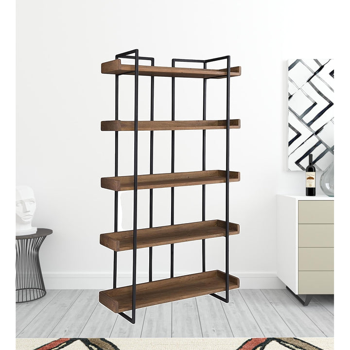 75" Brown and Black Metal and Wood Five Tier Bookcase Image 5