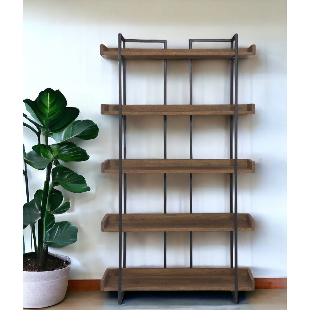 75" Brown and Black Metal and Wood Five Tier Bookcase Image 6