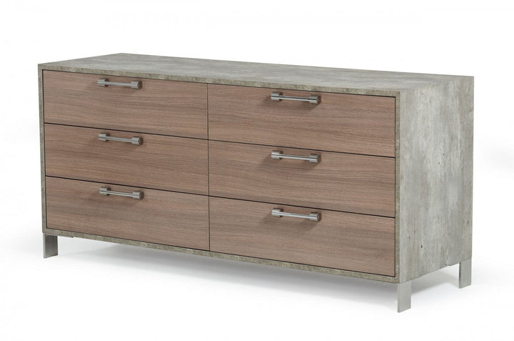 64" Brown Oak Grey Solid And Manufactured Wood Six Drawer Dresser Image 1