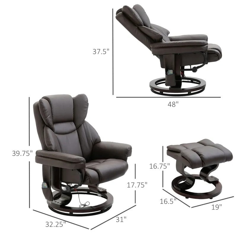 Adjustable Brown Faux Leather Remote Massage Recliner Chair w/ Ottoman Image 2