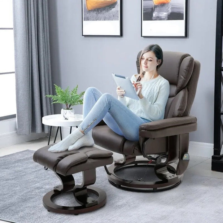 Adjustable Brown Faux Leather Remote Massage Recliner Chair w/ Ottoman Image 4