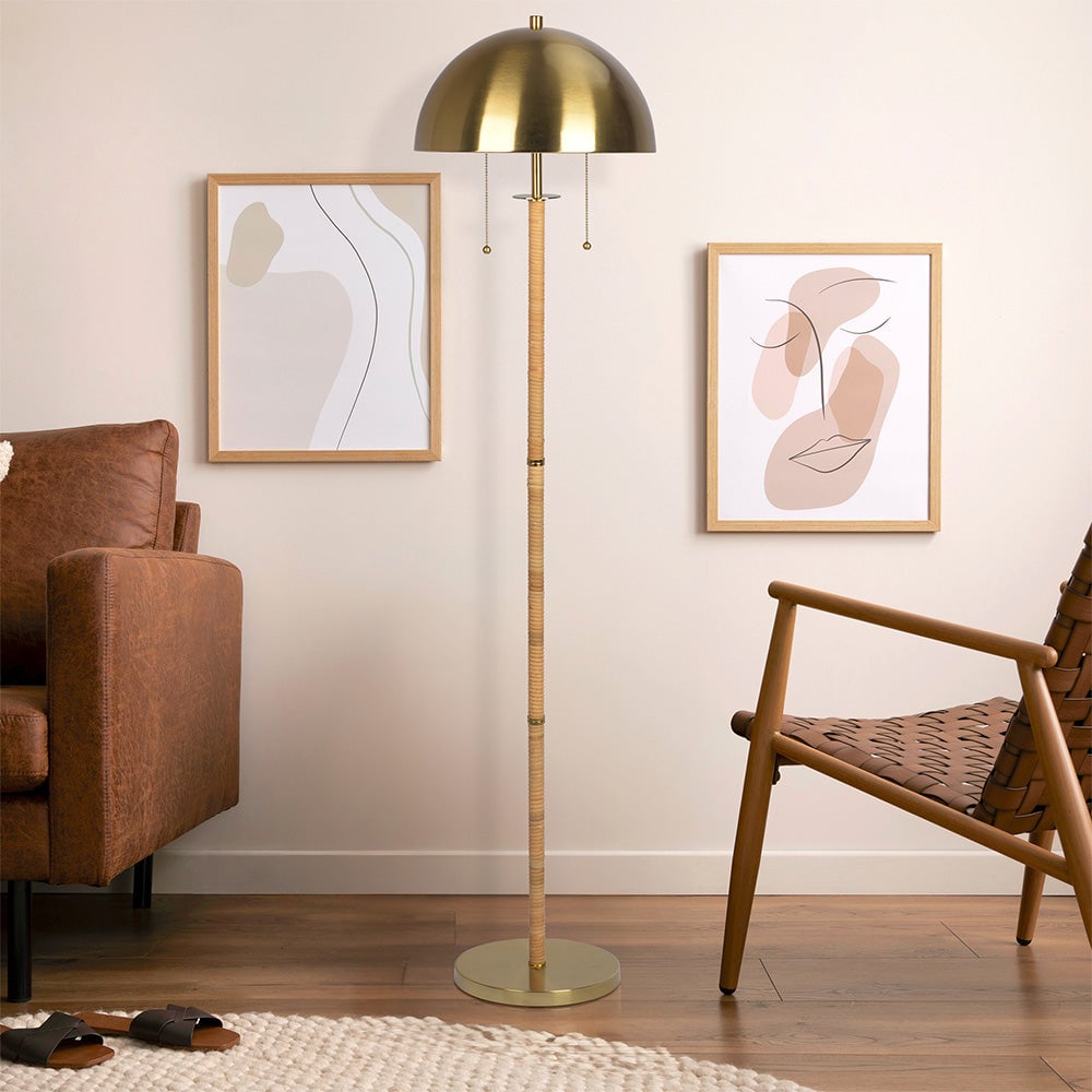 Allure 2-Light Floor Lamp, Gold Brass, Natural Rattan Tube , Double On/Off Pull Chain Image 2