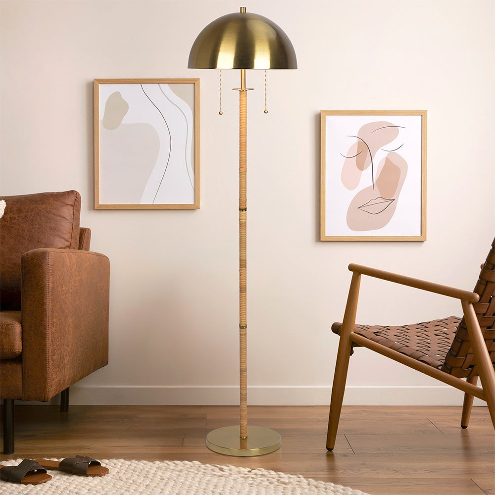 Allure 2-Light Floor Lamp, Gold Brass, Natural Rattan Tube , Double On/Off Pull Chain Image 3