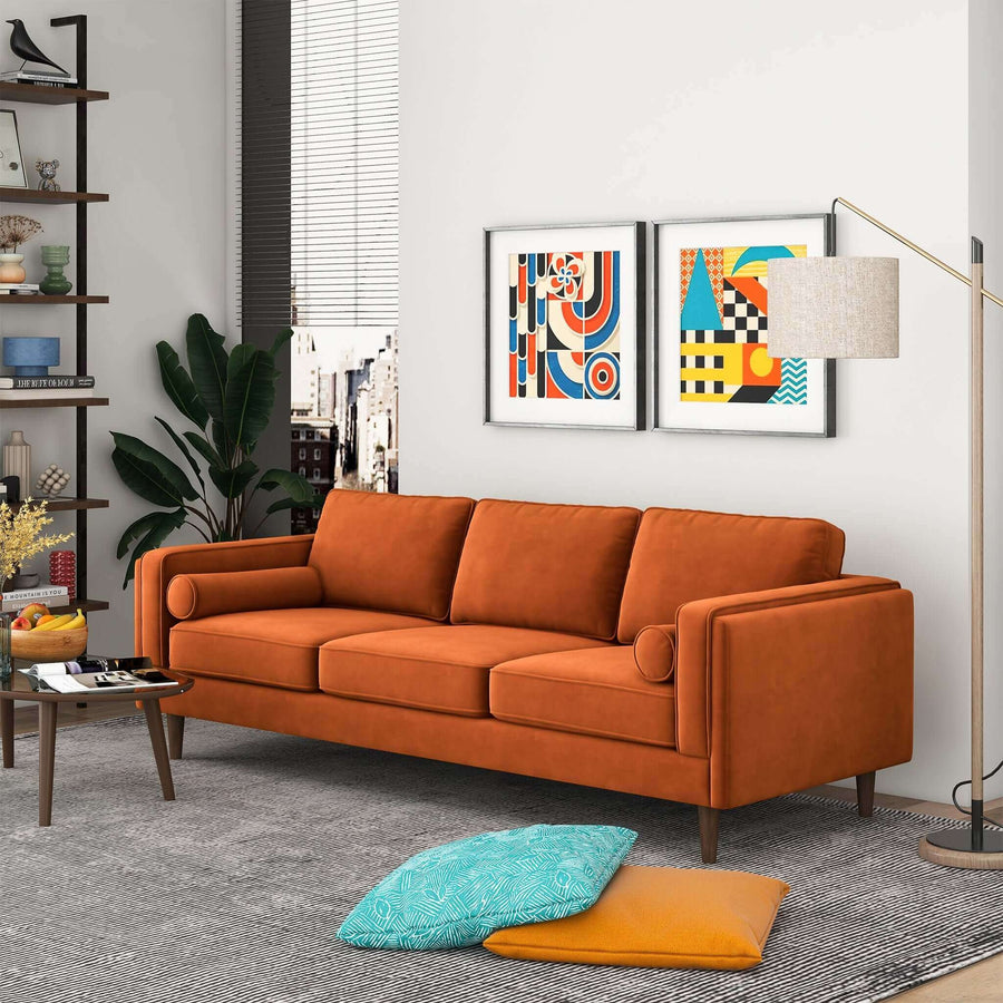 Amber Mid Century Modern Burnt Orange Luxury Modern Velvet Sofa Image 1
