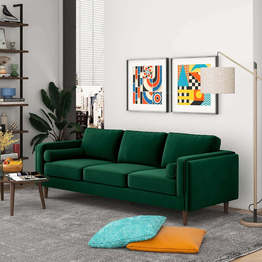 Amber Mid Century Modern Dark Green Luxury Modern Velvet Sofa Image 1