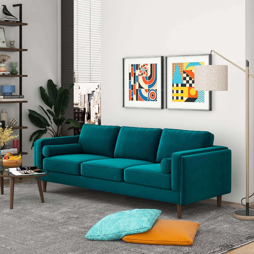 Amber Mid Century Modern Teal Luxury Modern Velvet Sofa Image 1