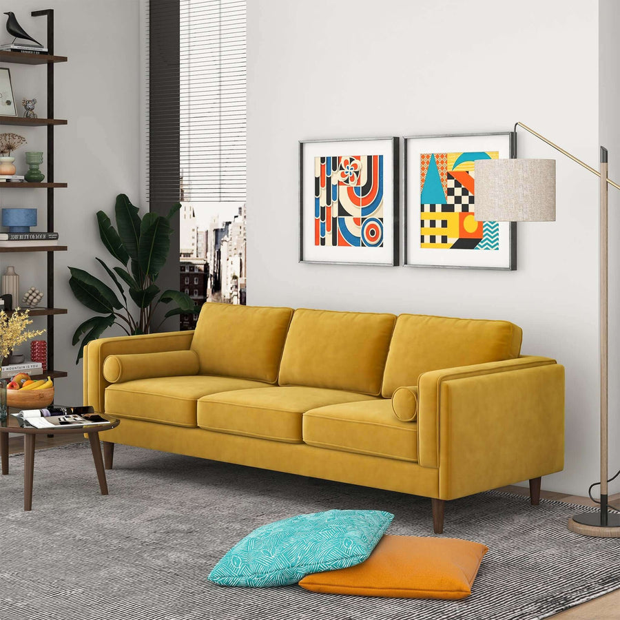 Amber Mid Century Modern Yellow Luxury Modern Velvet Sofa Image 1