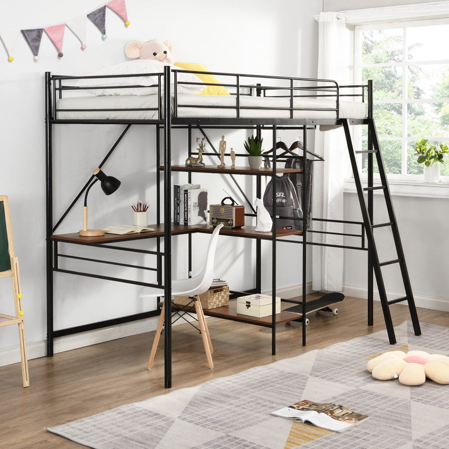 Black Twin Size Metal Loft Bed With Desk and Shelves Image 1