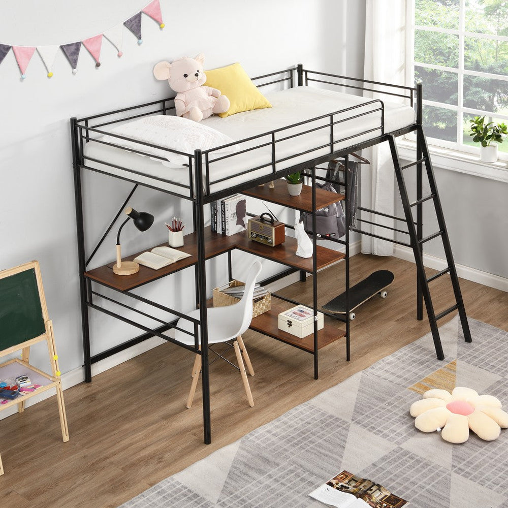 Black Twin Size Metal Loft Bed With Desk and Shelves Image 2