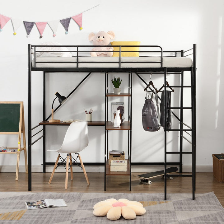 Black Twin Size Metal Loft Bed With Desk and Shelves Image 3