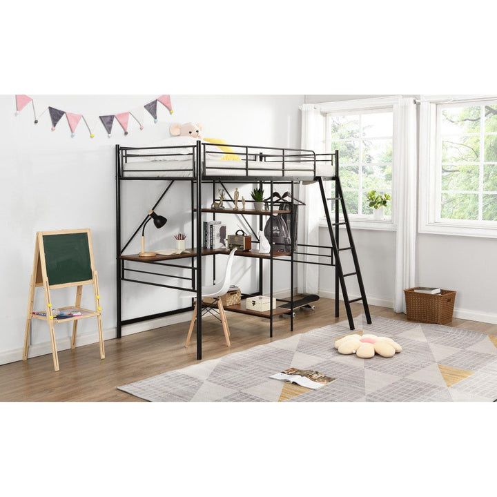 Black Twin Size Metal Loft Bed With Desk and Shelves Image 4