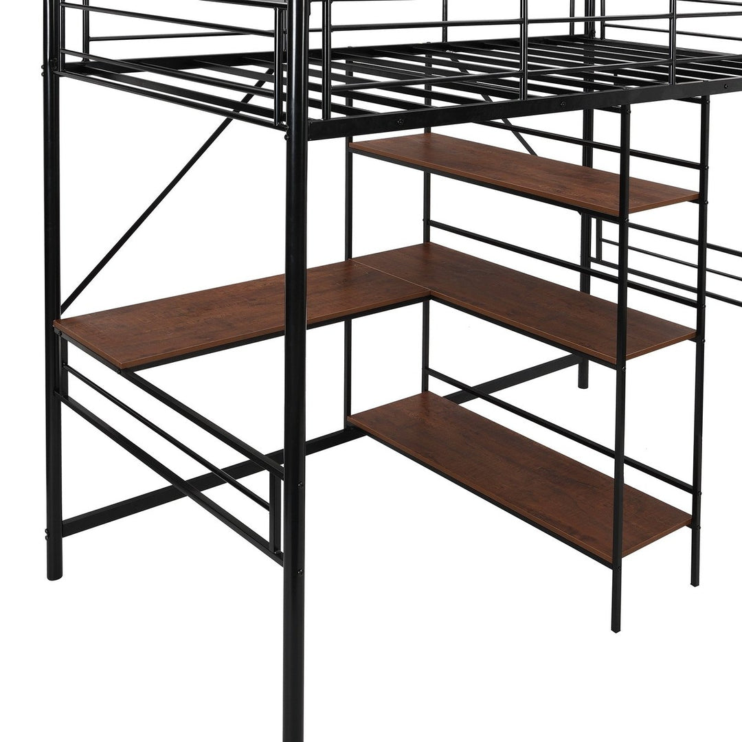 Black Twin Size Metal Loft Bed With Desk and Shelves Image 5