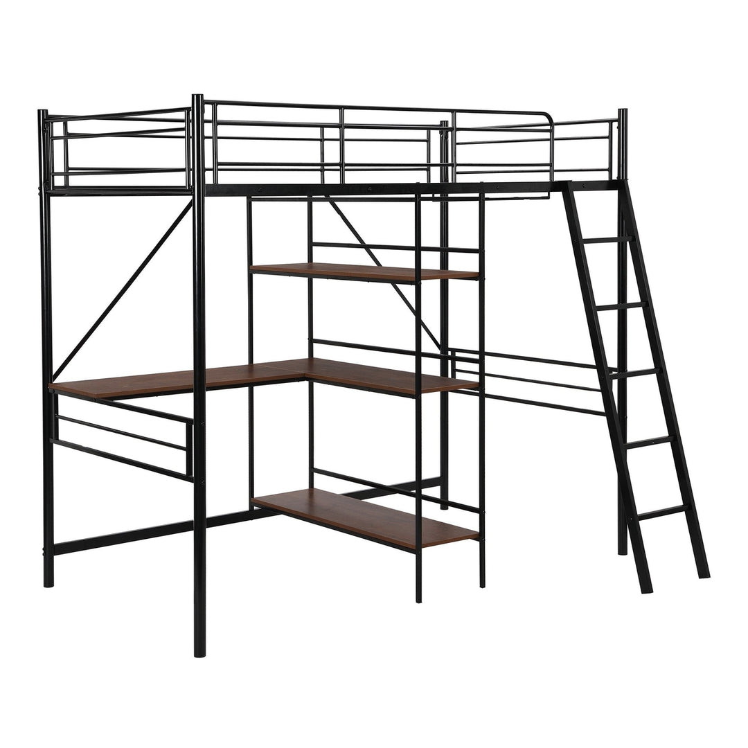 Black Twin Size Metal Loft Bed With Desk and Shelves Image 6