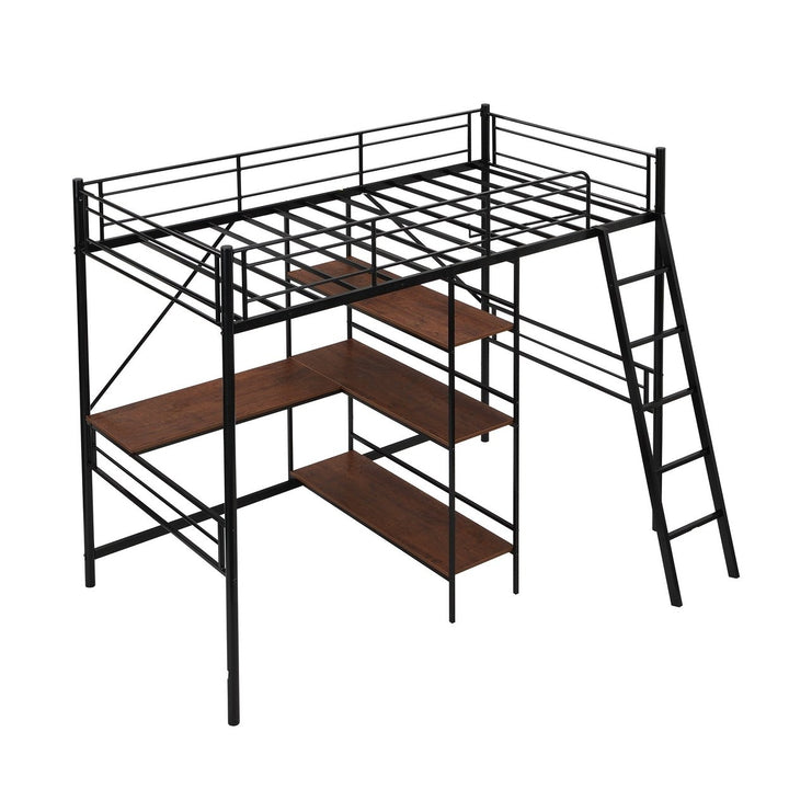 Black Twin Size Metal Loft Bed With Desk and Shelves Image 7