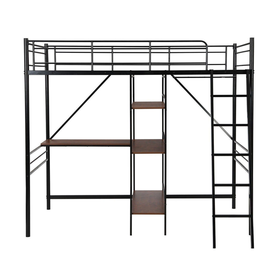 Black Twin Size Metal Loft Bed With Desk and Shelves Image 8