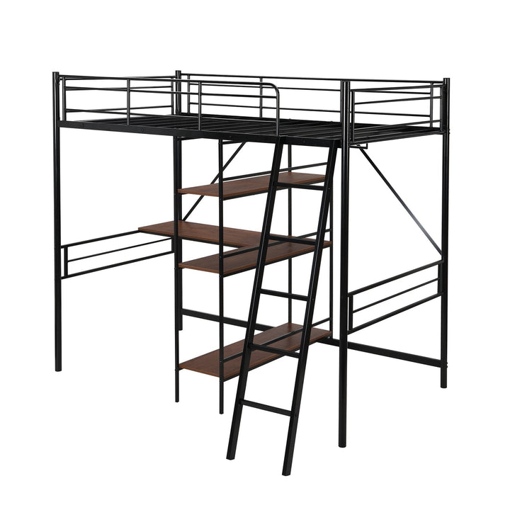 Black Twin Size Metal Loft Bed With Desk and Shelves Image 9