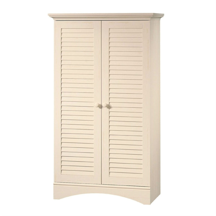 Antique White Finish Wardrobe Armoire Storage Cabinet with Louver Doors Image 1