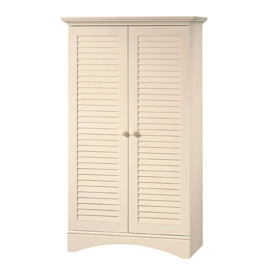 Antique White Finish Wardrobe Armoire Storage Cabinet with Louver Doors Image 1