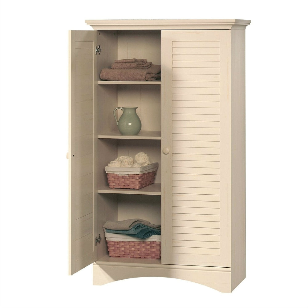 Antique White Finish Wardrobe Armoire Storage Cabinet with Louver Doors Image 2