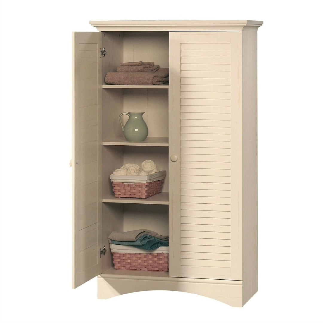 Antique White Finish Wardrobe Armoire Storage Cabinet with Louver Doors Image 2