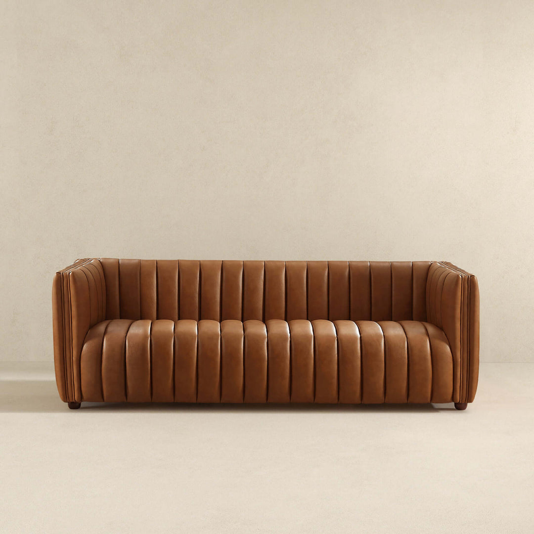 April Mid Century Modern Luxury Tight Back Tan Leather Couch Image 5