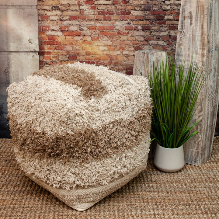 Boho Shaggy Khaki Textured Pouf Image 4