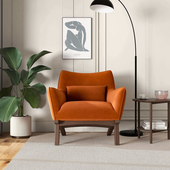 Brayden Mid Century Modern Burnt Orange Velvet Armchair Image 1