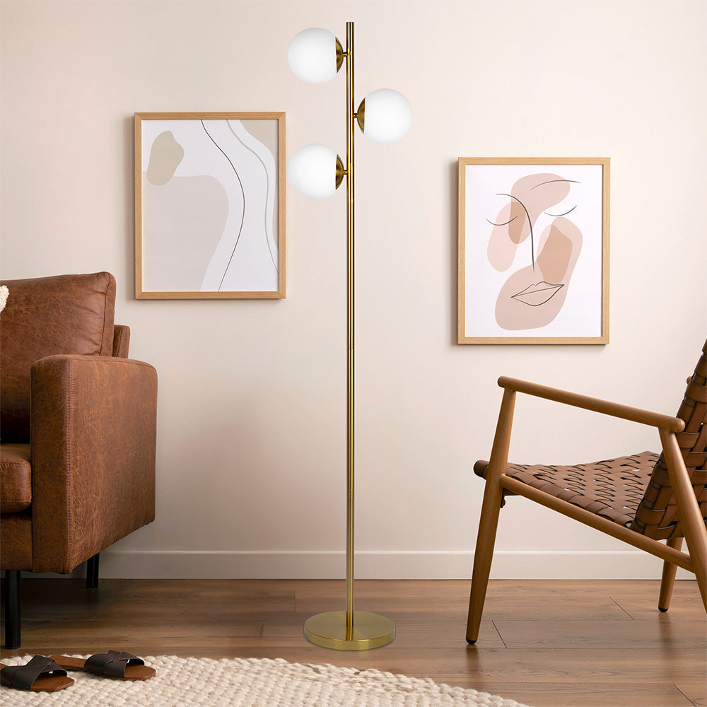 Brilliance Modern Gold Brush Floor Lamp, Opal Glass Shades and Round Metal Base Image 2