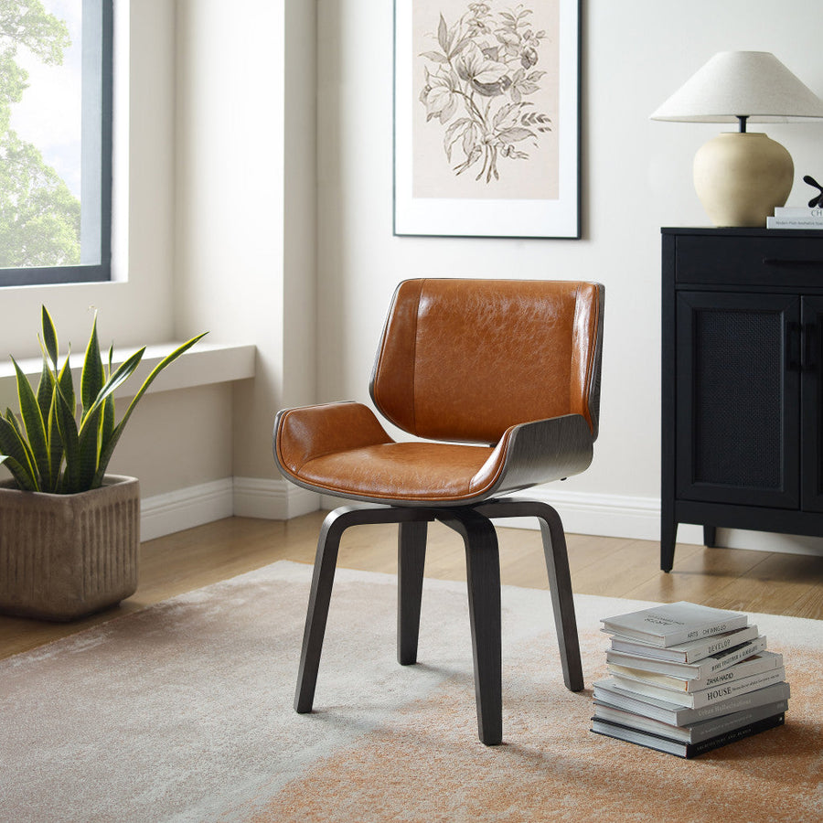 Brown And Black Upholstered Faux Leather Curved Back Dining Side Chair Image 1