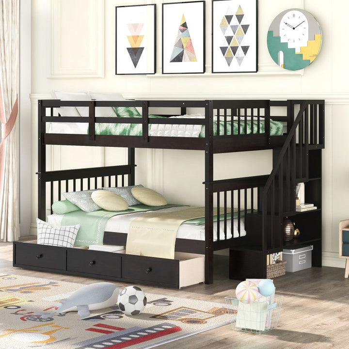 Brown Double Full Size Stairway Bunk Bed With Drawer Image 1