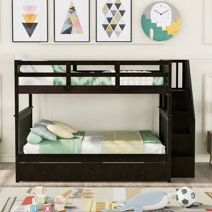 Brown Double Full Size Stairway Bunk Bed With Drawer Image 2