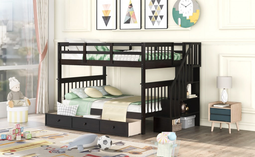 Brown Double Full Size Stairway Bunk Bed With Drawer Image 3