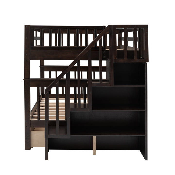 Brown Double Full Size Stairway Bunk Bed With Drawer Image 4