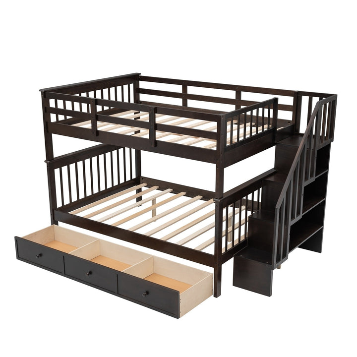 Brown Double Full Size Stairway Bunk Bed With Drawer Image 5