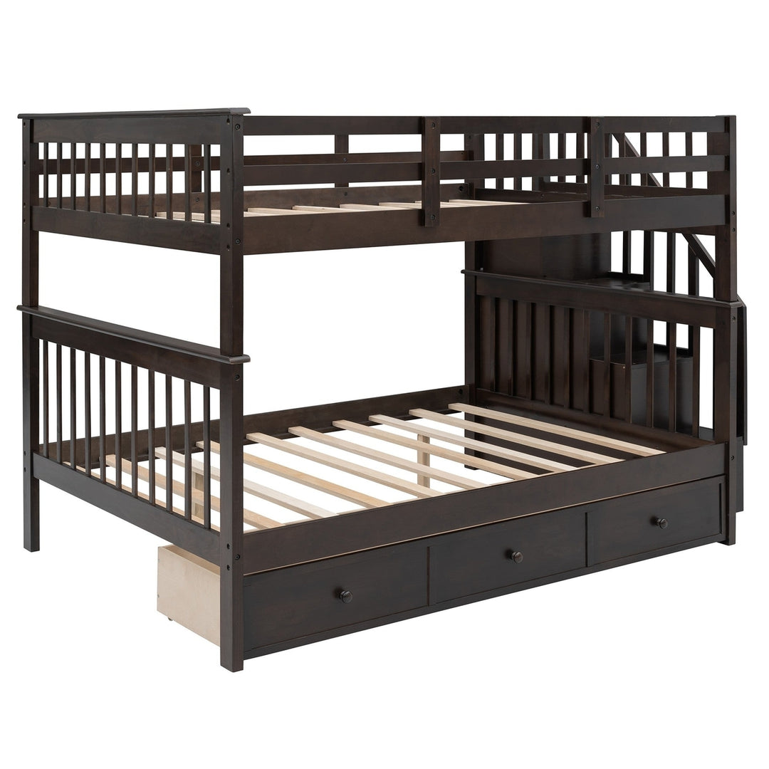 Brown Double Full Size Stairway Bunk Bed With Drawer Image 6