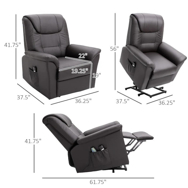 Brown Electric PU Leather Power Lift Chair with Remote Control and Side Pockets Image 3