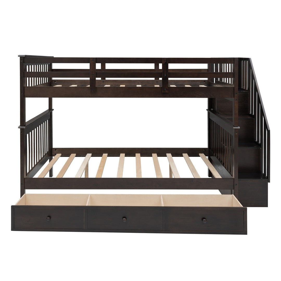 Brown Double Full Size Stairway Bunk Bed With Drawer Image 8