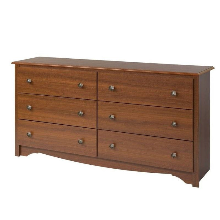 Bedroom Dresser in Medium Brown Cherry Finish with 6 Drawers and Metal Knobs Image 1