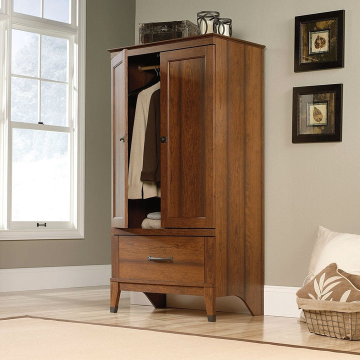 Bedroom Wardrobe Cabinet Storage Armoire in Medium Brown Cherry Wood Finish Image 3