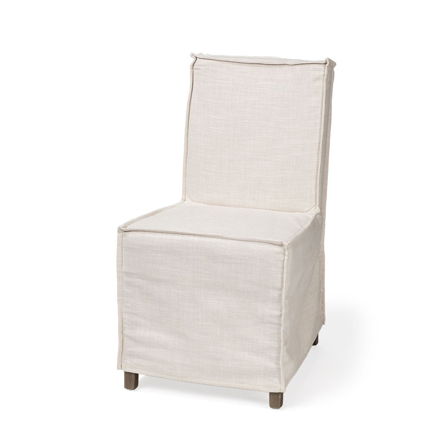Beige And Brown Slipcovered Wood Parsons chair Image 1