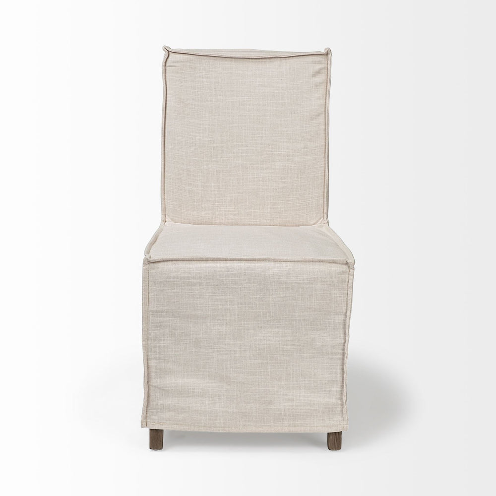 Beige And Brown Slipcovered Wood Parsons chair Image 2
